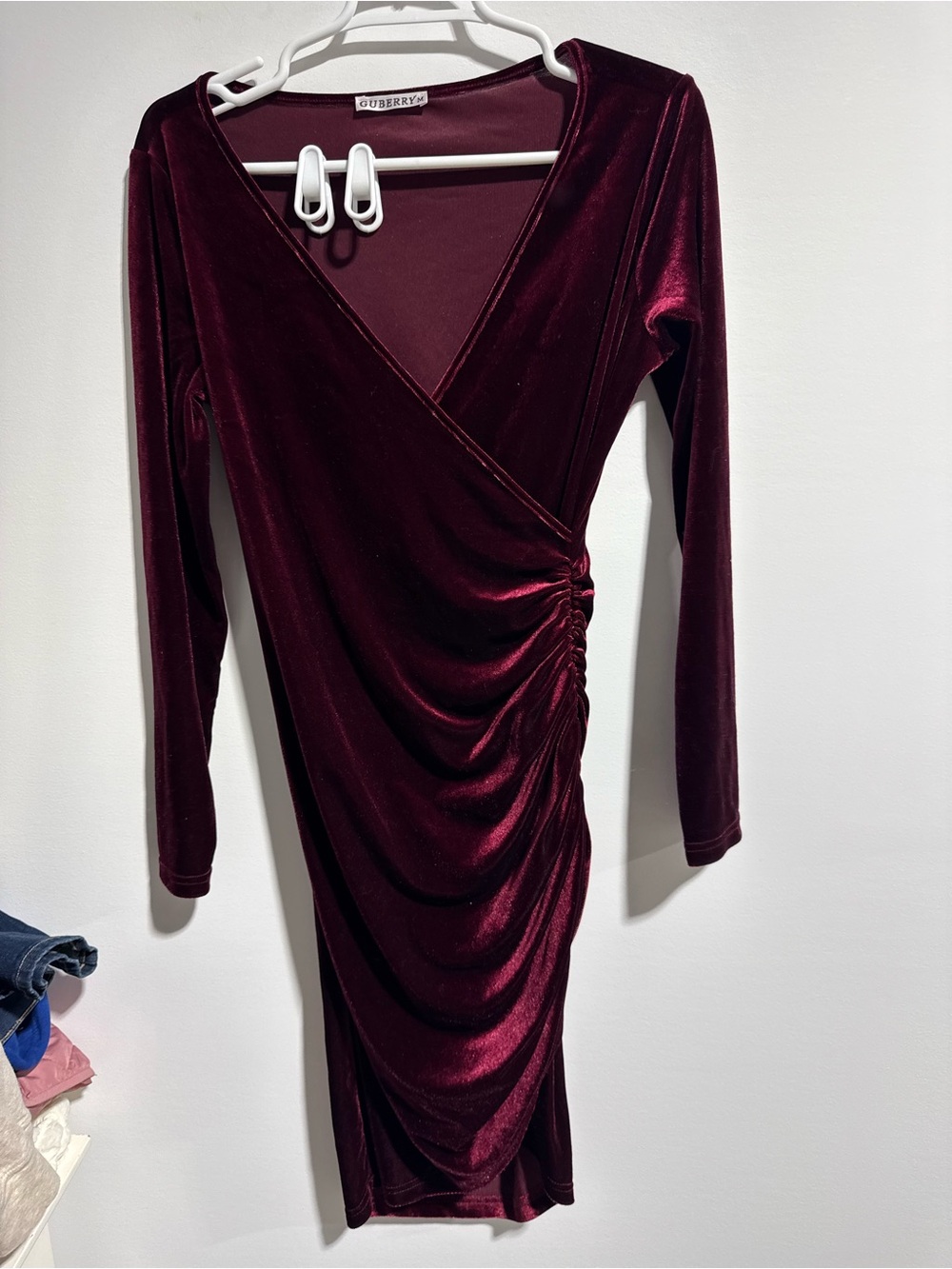 Gudberry Velvet Wrap Ruched Long-Sleeve Dress - Burgundy Size M